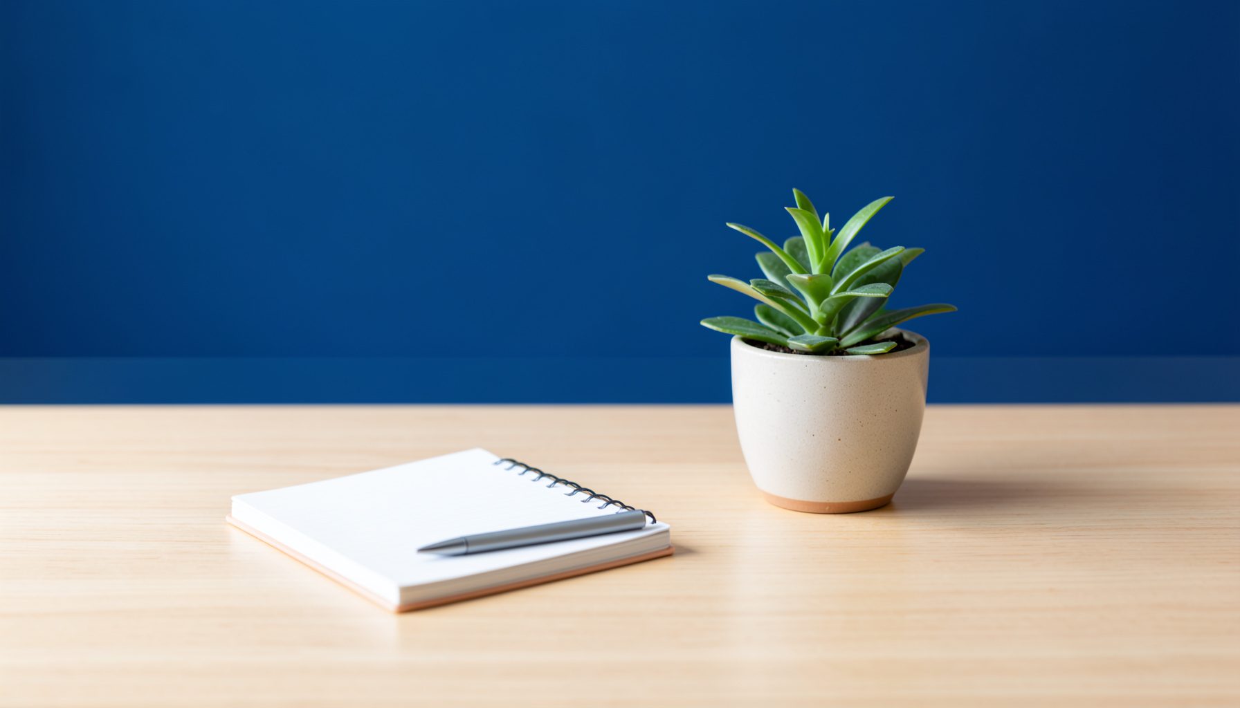 A clean, minimalist workspace with a notepad, pen, and a small potted plant on a light wooden desk, bathed in soft natural daylight.
